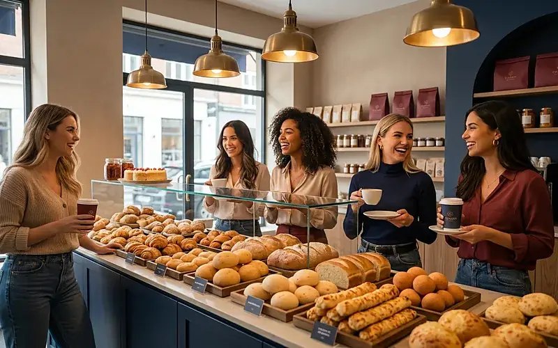 Bakery case stocked with pandebono and puffy cheese sticks